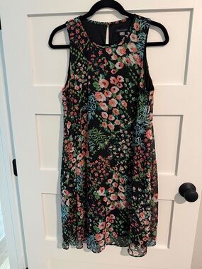 Ann Taylor Black Floral Sleeveless Mini Dress with Pink & Green Print